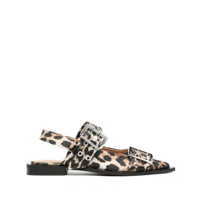 Ganni Multicolor Ballet Shoes With Double Buckle And All-over Leopard Print In Tech Fabric Woman