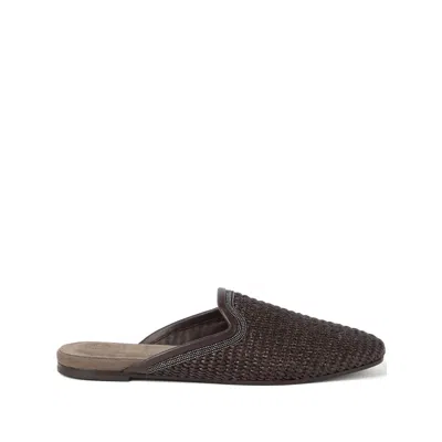 Brunello Cucinelli Monili-embellished Raffia Slippers