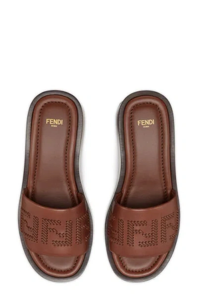 Fendi Women Brown Slides With Wedge Heel And Ff Motiv On The Band In Leather Man In F1stj Drk Ghianda Ghianda
