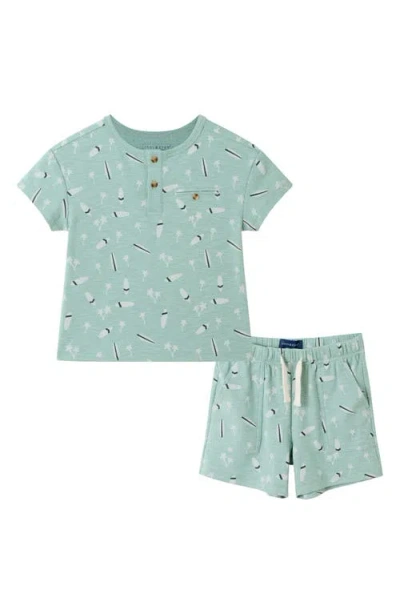 Andy & Evan Surfboard Print Henley T-shirt & Drawstring Shorts Set In Lt. Green