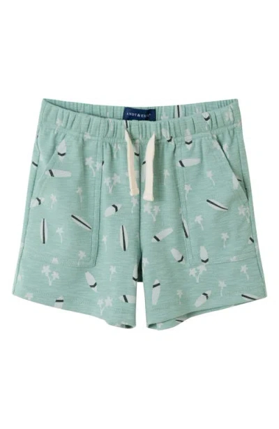 Andy & Evan Surfboard Print Henley T-shirt & Drawstring Shorts Set In Lt. Green