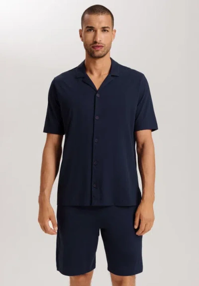 Hanro Night And Day Notch Collar Button Front Cotton Shirt In Deep Navy