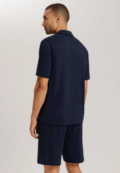 Hanro Night And Day Notch Collar Button Front Cotton Shirt In Deep Navy