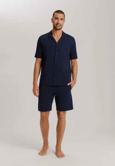 Hanro Night And Day Notch Collar Button Front Cotton Shirt In Deep Navy