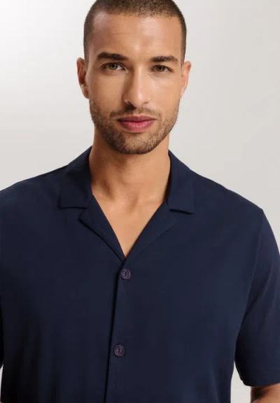 Hanro Night And Day Notch Collar Button Front Cotton Shirt In Deep Navy