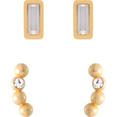 Reiss Gold Tone Micro Baguette And Crystal Stud Earrings Set In Gold Tone/clear Crystal