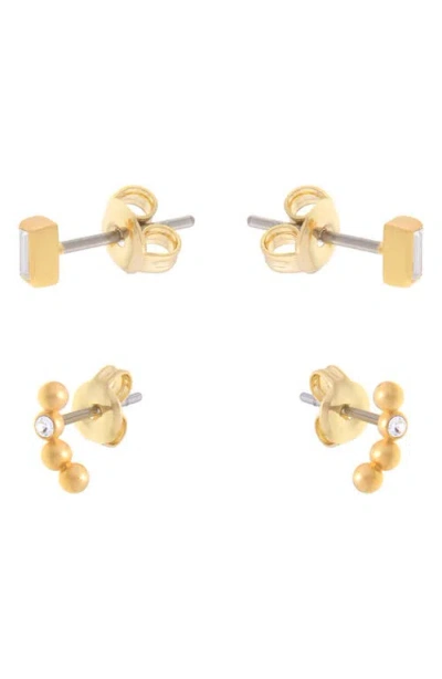 Reiss Gold Tone Micro Baguette And Crystal Stud Earrings Set In Gold Tone/clear Crystal