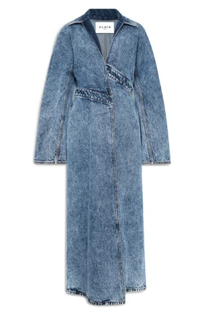 Alaïa Spiral Denim Trench In Bleu Neige