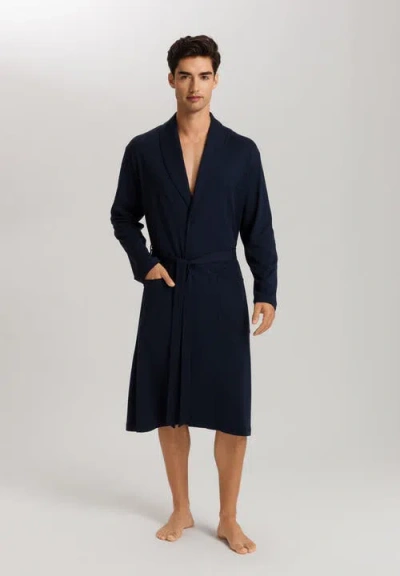 Hanro Night And Day Shawl Collar Cotton Robe 120cm In Deep Navy