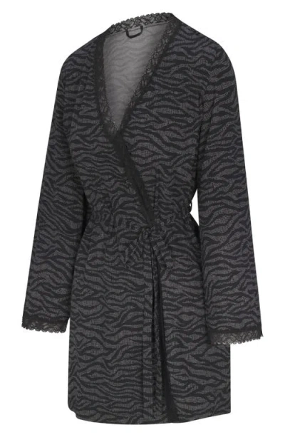 Savage X Fenty Snug Hug Short Robe In Black Caviar Tiger Stripe Text