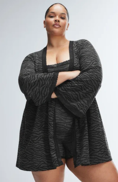 Savage X Fenty Snug Hug Short Robe In Black Caviar Tiger Stripe Text