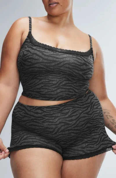 Savage X Fenty Snug Hug Sleep Shorts In Black Caviar Tiger Stripe Text