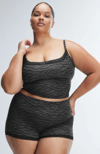 Savage X Fenty Snug Hug Sleep Shorts In Black Caviar Tiger Stripe Text