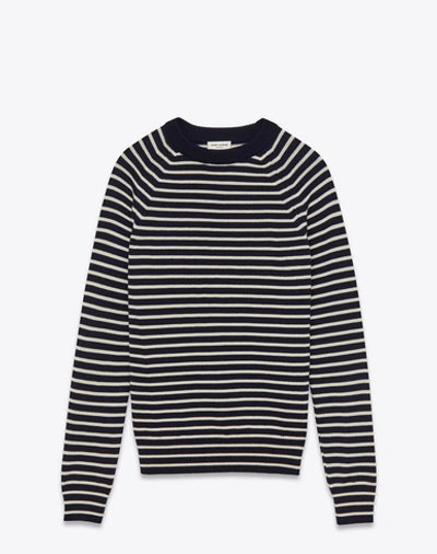 Saint Laurent Crewneck Sweater In Navy And White Striped Merino Wool In Navy Blue