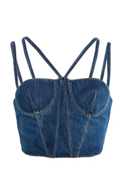 Nensi Dojaka Double Straps Corset With Exposed Stitching In Medium Wash