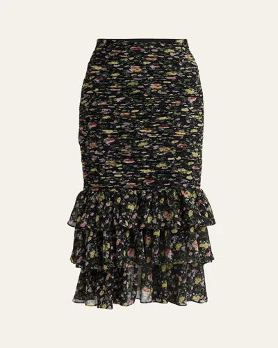 Valentino Ruched Flower Print Midi Skirt With Ruffle Hem In Black Multi
