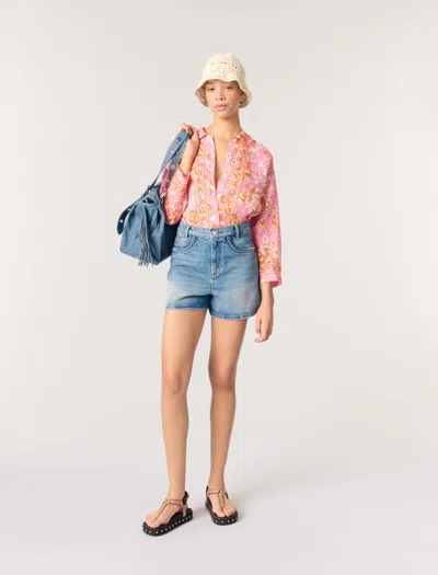 Maje Womens Bleus Braided-trim Faded-wash Denim Shorts In White