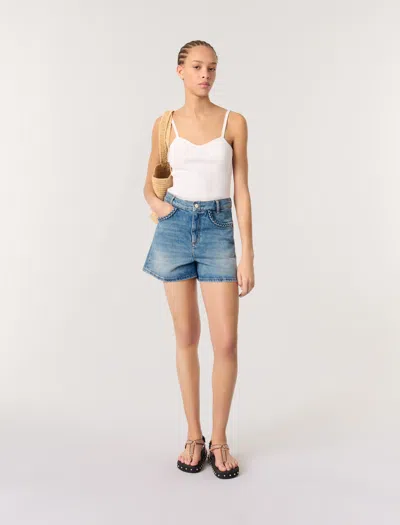 Maje Womens Bleus Braided-trim Faded-wash Denim Shorts In White