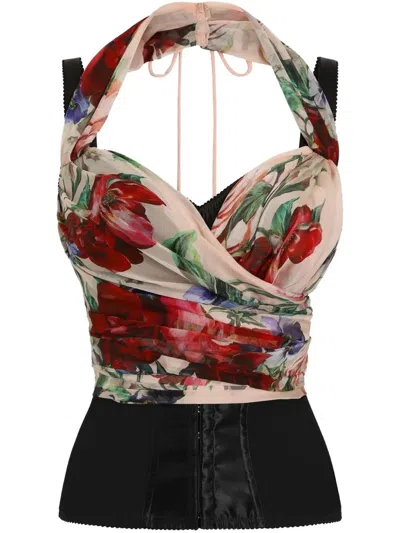 Dolce & Gabbana Flower Print Marquisette And Chiffon Bustier Top In Beige