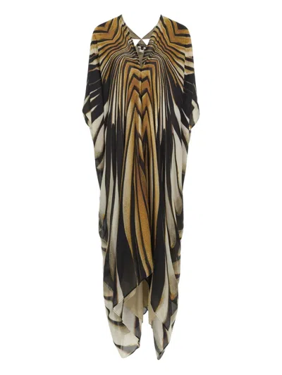 Roberto Cavalli Long Kaftan With Ray Of Gold Print In Gold