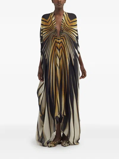 Roberto Cavalli Long Kaftan With Ray Of Gold Print In Gold