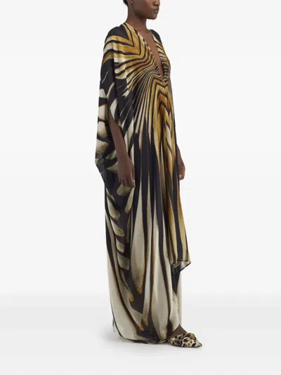 Roberto Cavalli Long Kaftan With Ray Of Gold Print In Gold