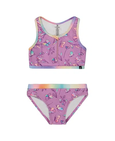 Deux Par Deux Girl's Printed Two-piece Swimsuit Old Mauve And Multicolored Butterflies In Old Mauve And Multicolored