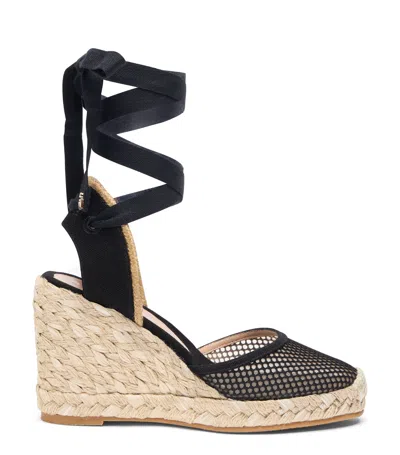 Stuart Weitzman Lace-up Mesh Wedge Sandals In Black/black/natural