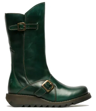 Fly London Womens Green Mes 2 Wedge Heel Buckle Mid-calf Leather Zip Platform Boots In Multi