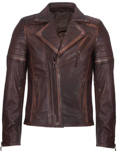 Infinity Leather Mens Slim Fit Brando Style Cross Zip Leather Biker Jacket In Brown