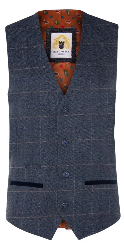 Oliver Tweed Marc Darcy Mens Blue Tweed Waistcoat Peaky Blinders Check Wool Herringbone In Blue