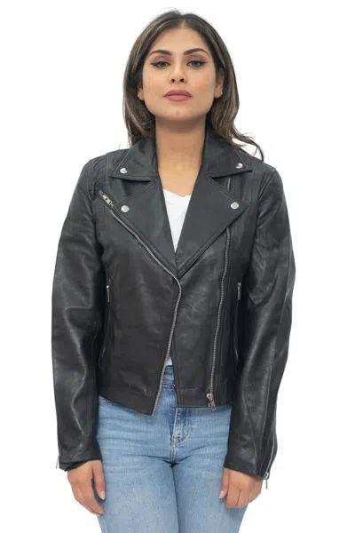 Infinity Leather Womens Classic Nappa Leather Retro Biker Jacket-bergen In Black