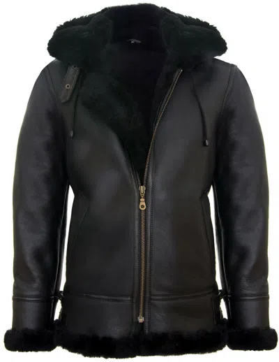 Infinity Leather Mens Hooded Sheepskin Leather B3 Flying Jacket-columbus In Black