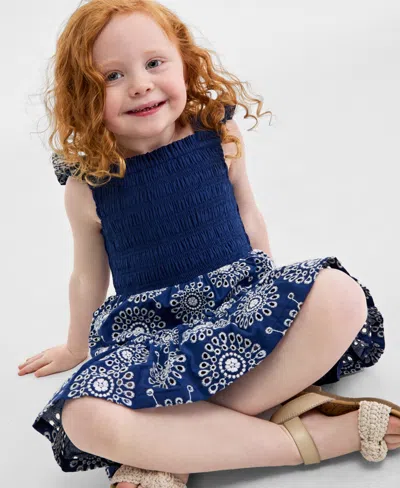 On 34th Toddler Girls Mommy & Me Cotton Eyelet Smocked Flutter-sleeve Dress, Exclusively At Macy's In Blazing Navy