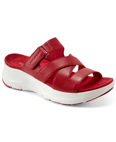 Rockport Women's Qwyn Slip-on Strappy Casual Wedge Sandals In Red Leather