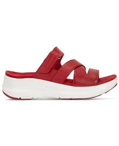 Rockport Women's Qwyn Slip-on Strappy Casual Wedge Sandals In Red Leather