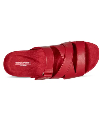Rockport Women's Qwyn Slip-on Strappy Casual Wedge Sandals In Red Leather
