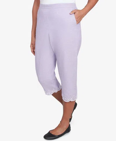 Alfred Dunner Women's Crystal Springs Eyelet Embroidered Capri Pants In Purple