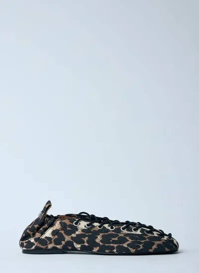 Ganni Denim Print Lace-up Ballerina Flats With Leopard Pattern In Animal Print