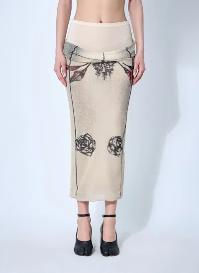 Jean Paul Gaultier Mesh Skirt Double Layer Printed Tattoo Rose & Bird In Ecru