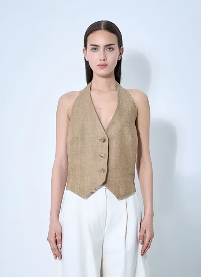 Max Mara 'sauro' Halterneck Buttoned Linen Vest In Brown