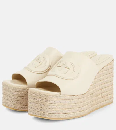 Gucci Gg Leather Espadrille Wedges In White