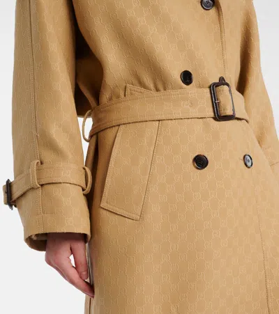 Gucci Women Wool And Silk Crepe Coat With All-over Gg Motif In Brown