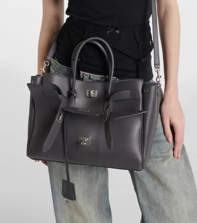 Balenciaga Small Leather Bel Air Carry All Tote Bag In Grey