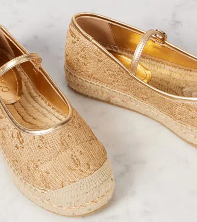 Jimmy Choo 20 Metallic Leather-trimmed Logo-embroidered Straw Platform Espadrilles In Gold