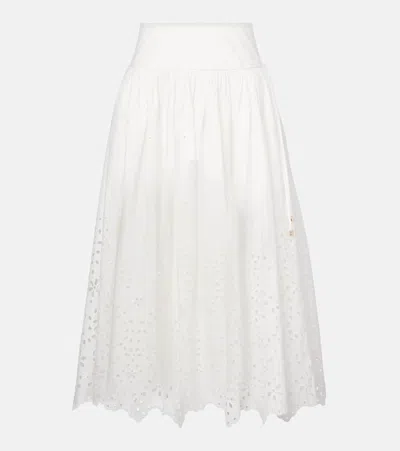 Self-portrait White Midi Skirt With Side Gathered Details And All-over Embroidery
