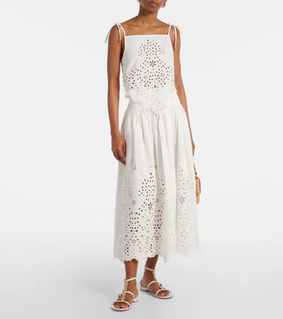Self-portrait White Midi Skirt With Side Gathered Details And All-over Embroidery