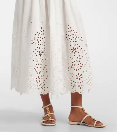 Self-portrait White Midi Skirt With Side Gathered Details And All-over Embroidery
