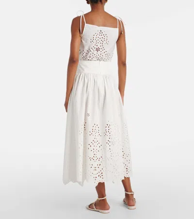 Self-portrait White Midi Skirt With Side Gathered Details And All-over Embroidery