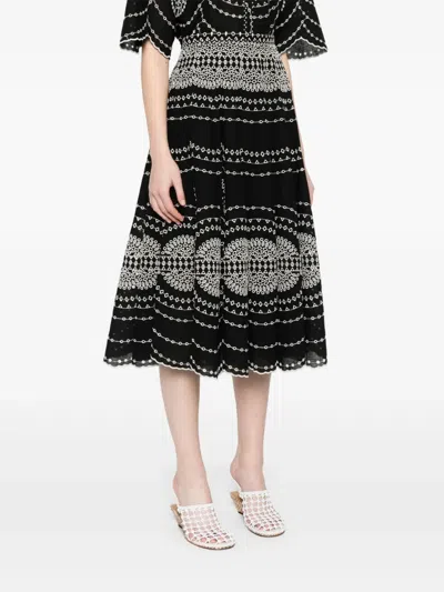 Charo Ruiz 'livvy' Black Midi Skirt With Scallop Hem And All-over Embroidery In Cotton Nad Linen Blend Woman In Schwarz